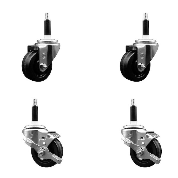 3'' Phenolic Wheel Swivel 7/8'' Expand Stem Caster Set 2 Brakes, 4PK